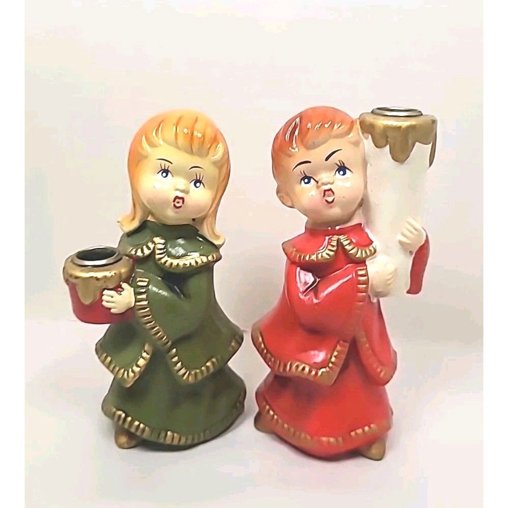 Vtg 60's Hand-painted Star Paper Mache Christmas Carolers Candle holders Japan